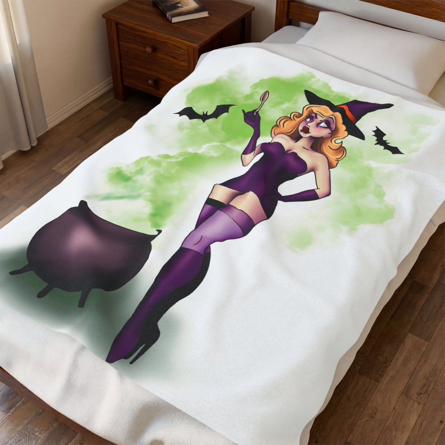 Witch Pin-Up Velveteen Plush Blanket Witchy Home Decor