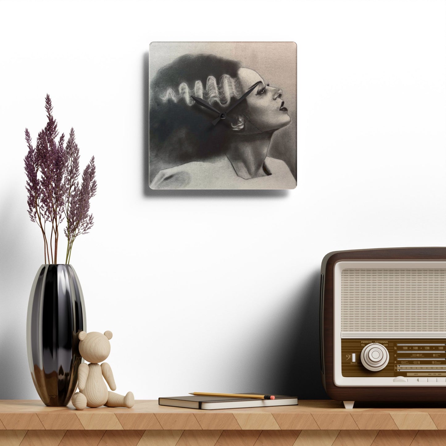 Bride of Frankenstein Portrait Acrylic Wall Clock Gothic Art Home Decor Horror