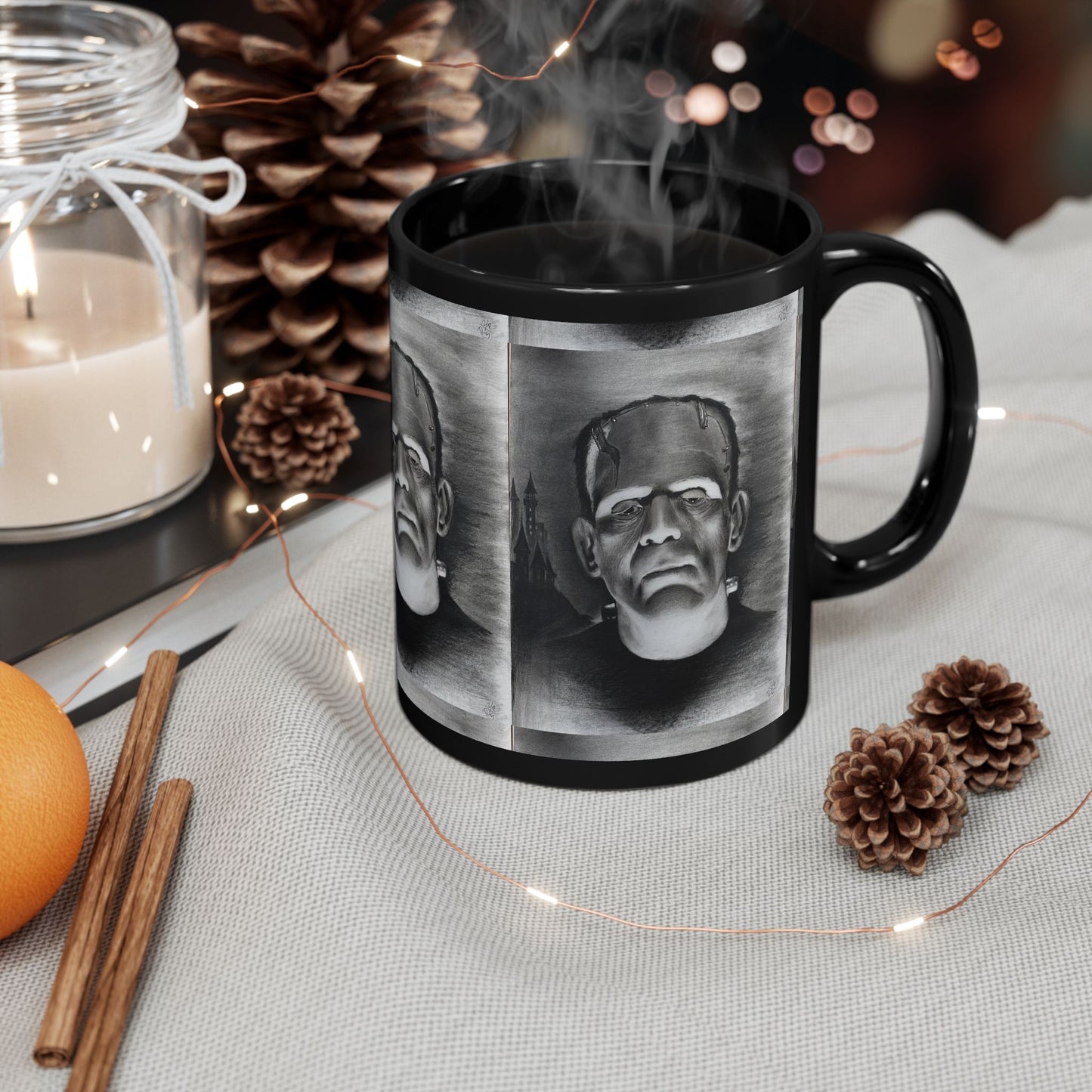 Frankenstein Portrait Black Mug | Horror Monster Coffee Cup