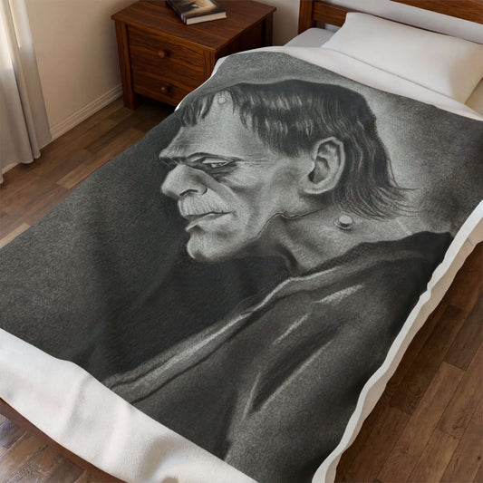 Frankenstein Portrait Velveteen Plush Blanket Vintage Horror Illustration