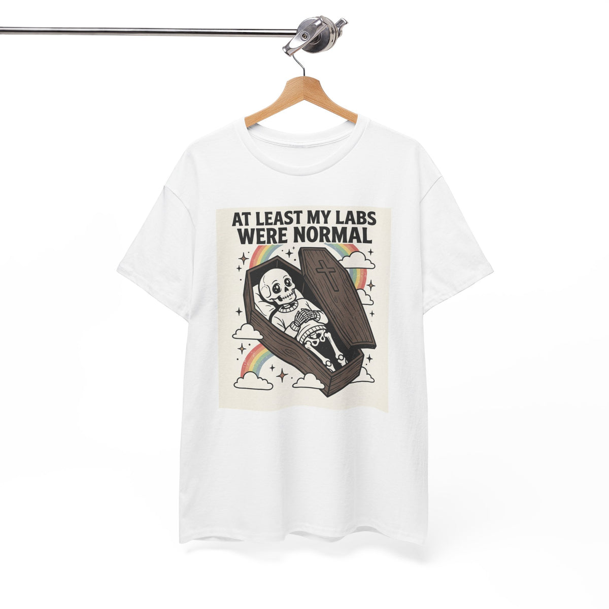 At Least My Labs Were Normal T-Shirt Skeleton in Coffin Medical Humor