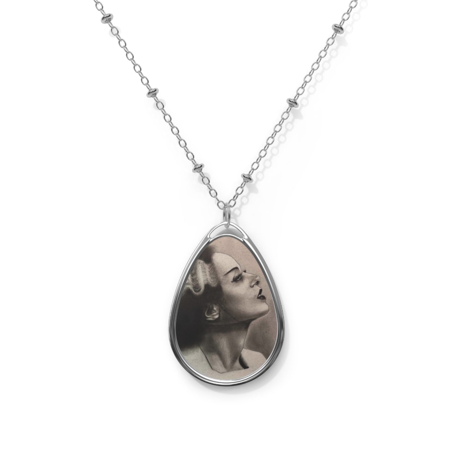 Bride of Frankenstein Classic Oval Necklace – Gothic Silver Teardrop Pendant Horror