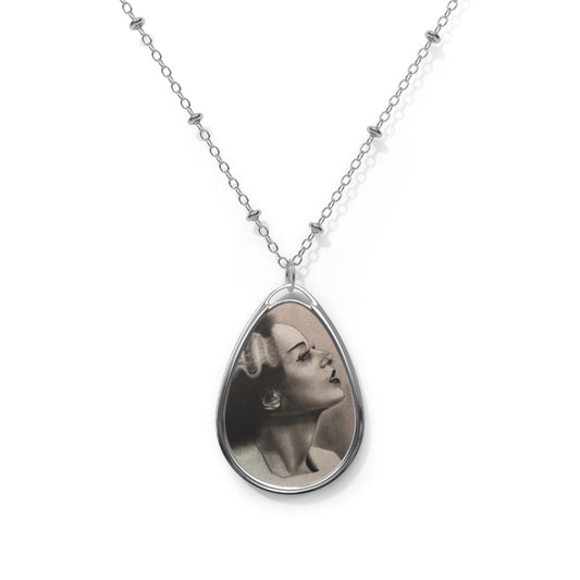 Bride of Frankenstein Classic Oval Necklace – Gothic Silver Teardrop Pendant Horror