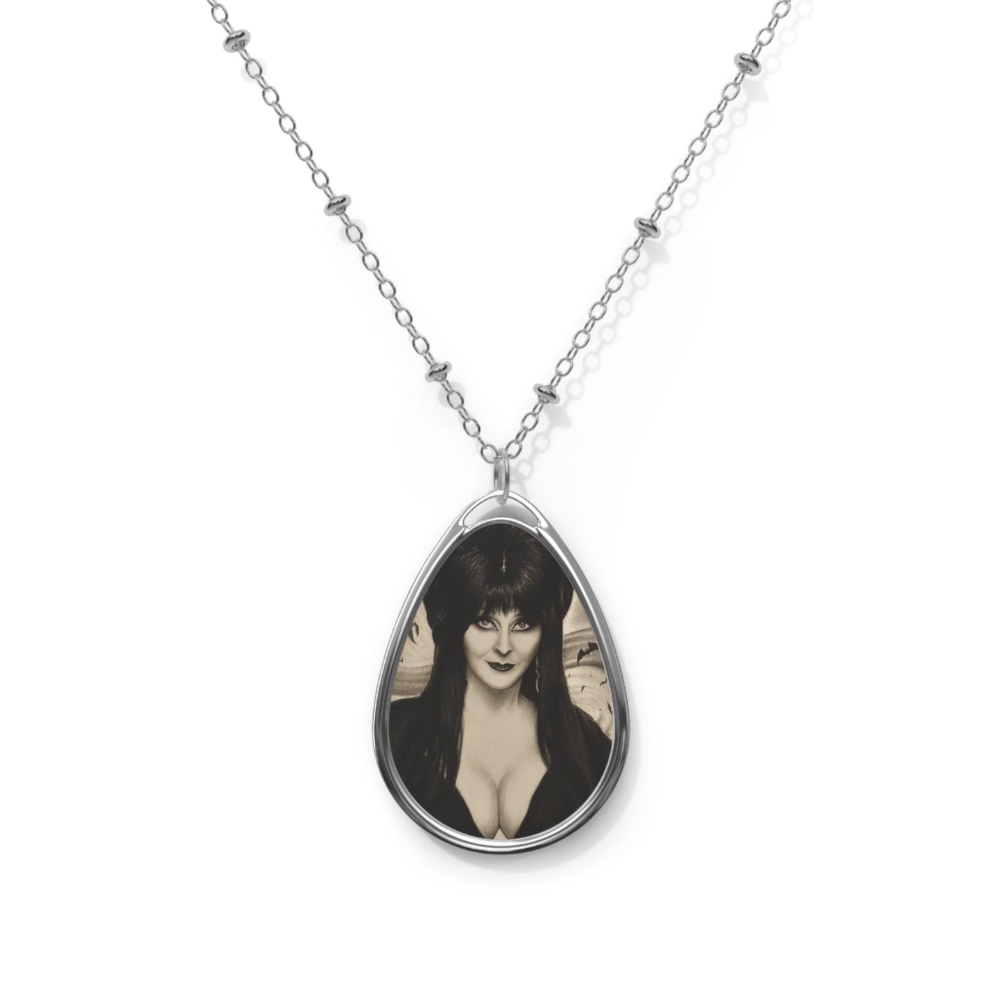 Elvira Mistress of the Dark Portrait Oval Necklace – Gothic Silver Teardrop Pendant Horror