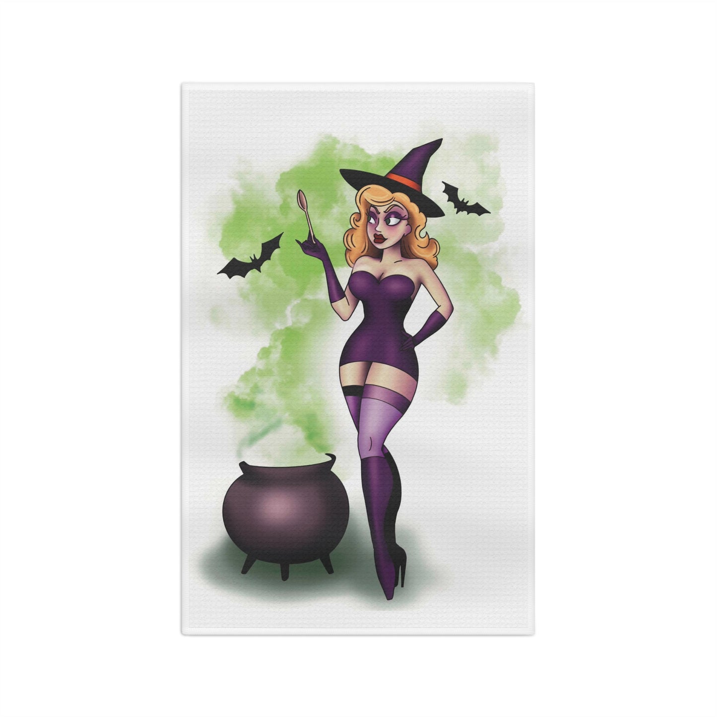 Pin-Up Witch Tea Towel — Vintage Halloween Kitchen Towel with Cauldron & Bats