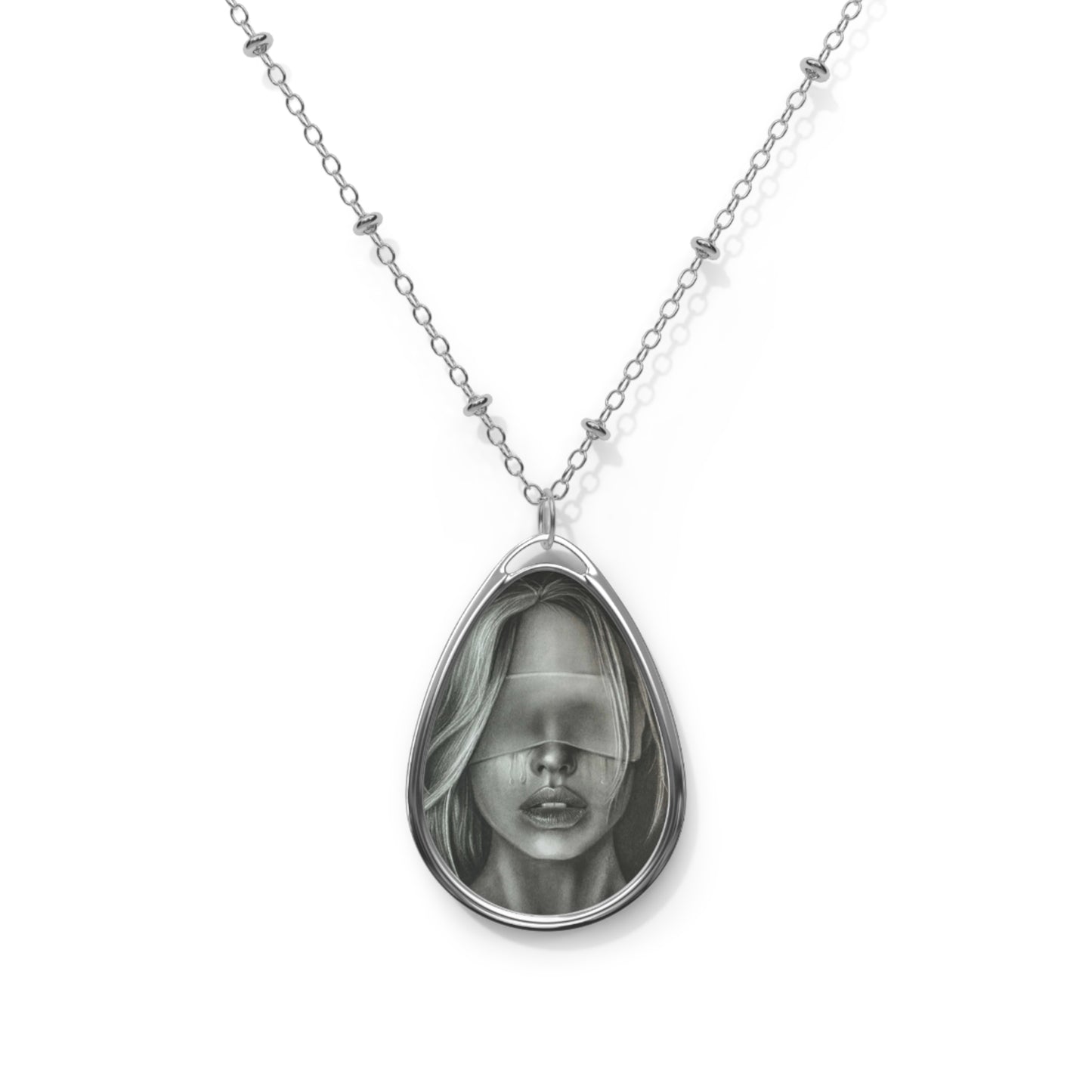 Blindfolded Woman BDSM Erotic Oval Necklace – Gothic Silver Teardrop Pendant Horror