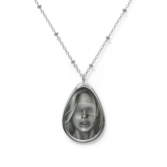 Blindfolded Woman BDSM Erotic Oval Necklace – Gothic Silver Teardrop Pendant Horror