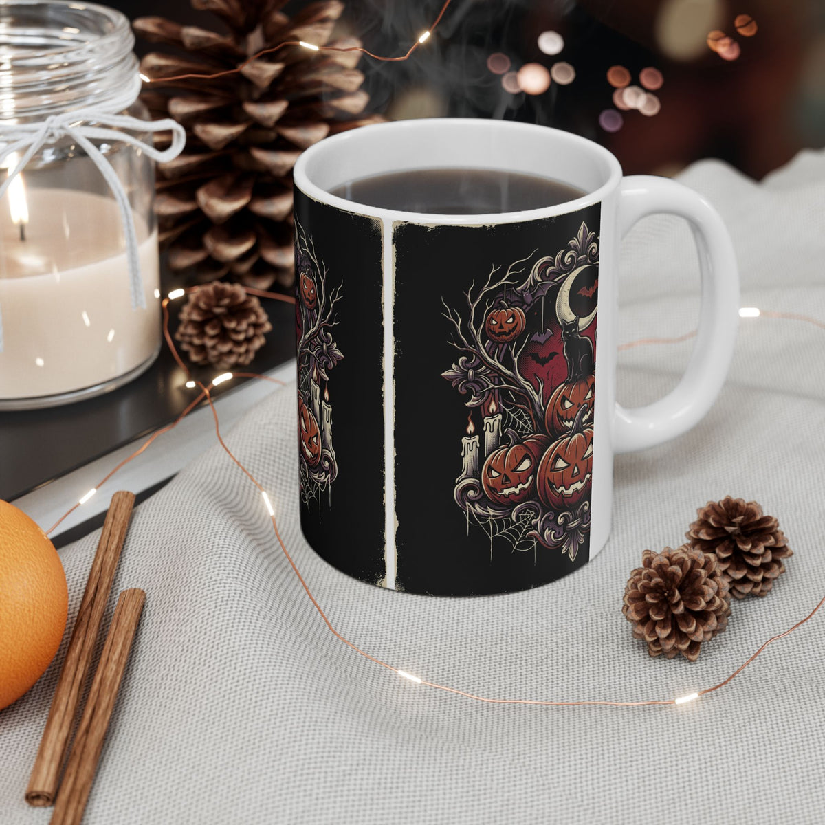 Jack-o'-Lanterns Halloween Pumpkin Mug Spooky Cat and Bats Ceramic Coffee Cup