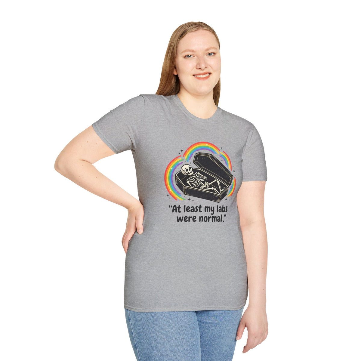 At Least My Labs Were Normal Skeleton in Coffin Rainbow Graphic T-Shirt Funny Medical