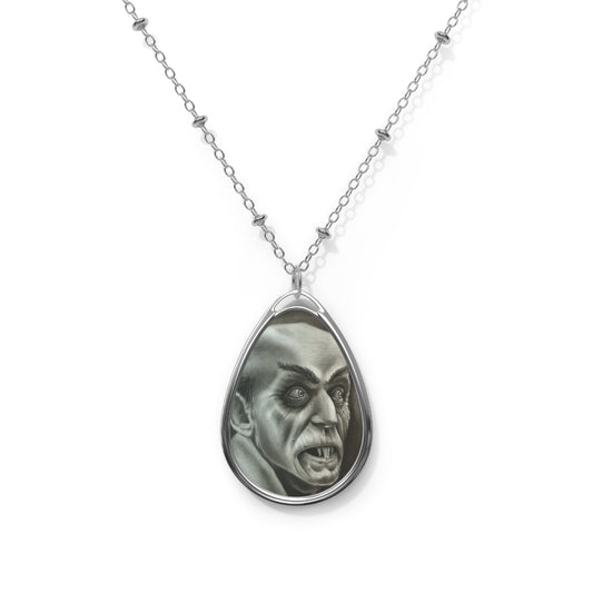 Nosferatu Vampire Portrait Oval Necklace – Gothic Silver Teardrop Pendant Horror