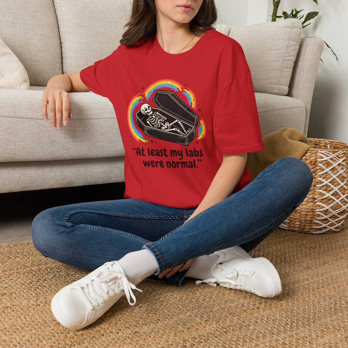 At Least My Labs Were Normal Skeleton in Coffin Rainbow Graphic T-Shirt Funny Medical