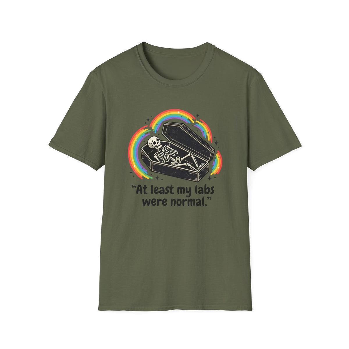 At Least My Labs Were Normal Skeleton in Coffin Rainbow Graphic T-Shirt Funny Medical