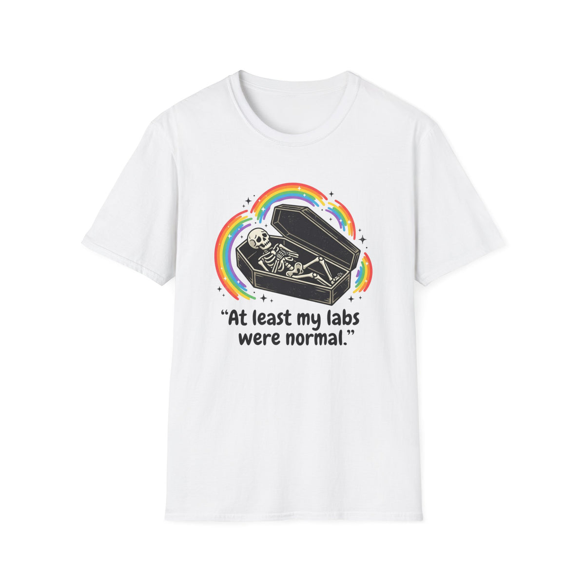 At Least My Labs Were Normal Skeleton in Coffin Rainbow Graphic T-Shirt Funny Medical
