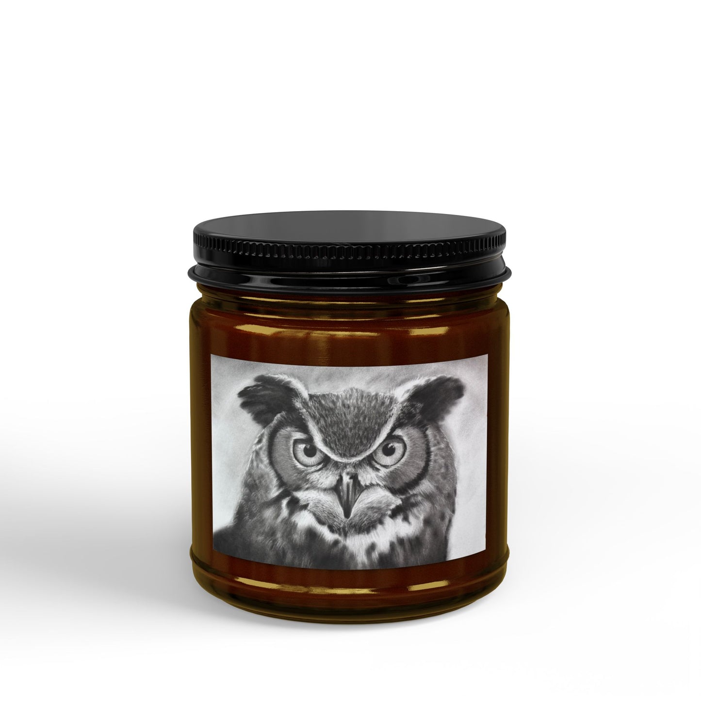 Owl Original Art Work Soy Candle — Black-Lid Jar (4oz & 9oz) Animal Wildlife Home Decor