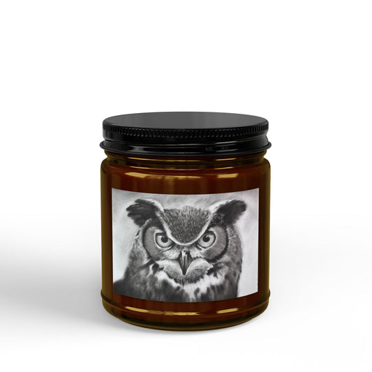 Owl Original Art Work Soy Candle — Black-Lid Jar (4oz & 9oz) Animal Wildlife Home Decor