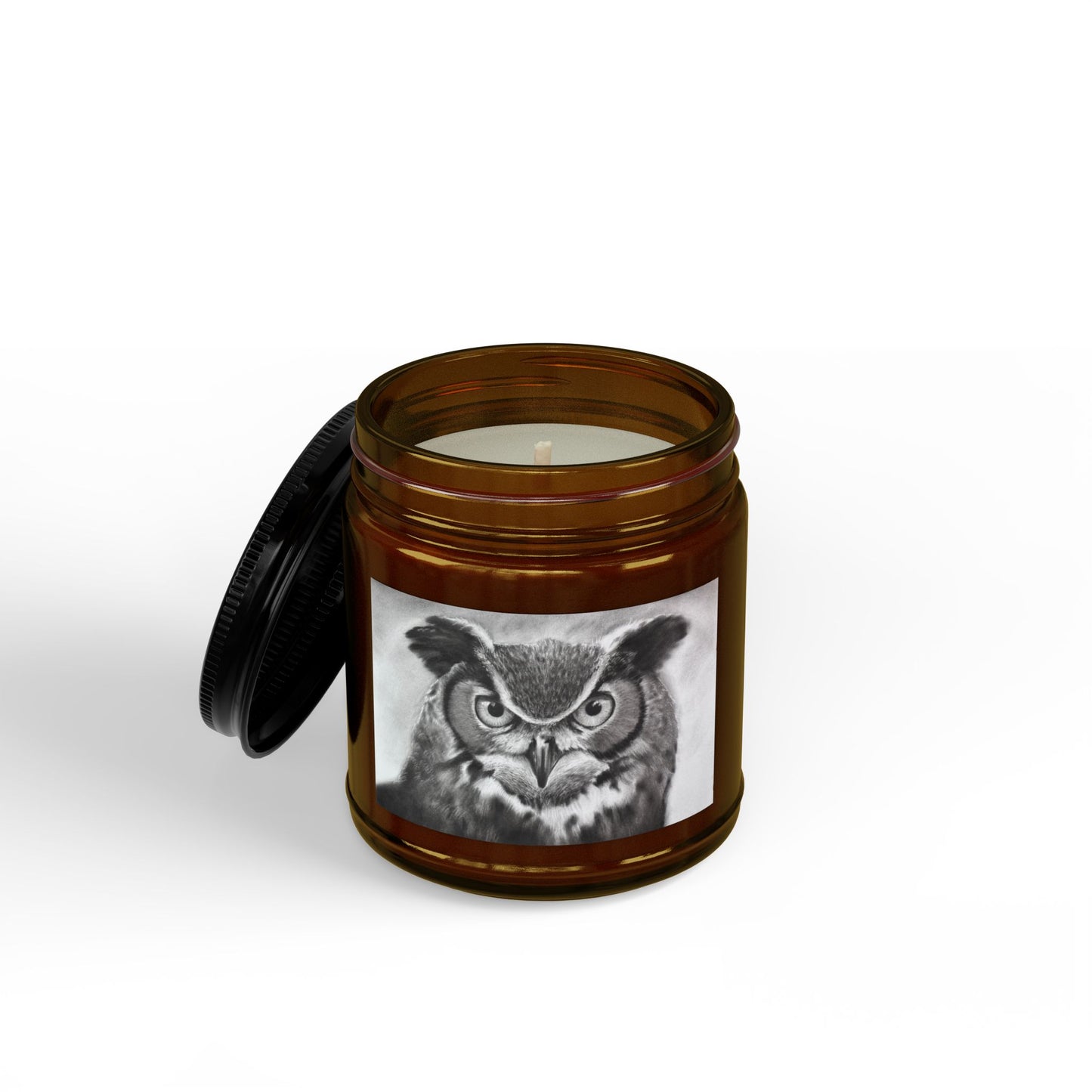 Owl Original Art Work Soy Candle — Black-Lid Jar (4oz & 9oz) Animal Wildlife Home Decor