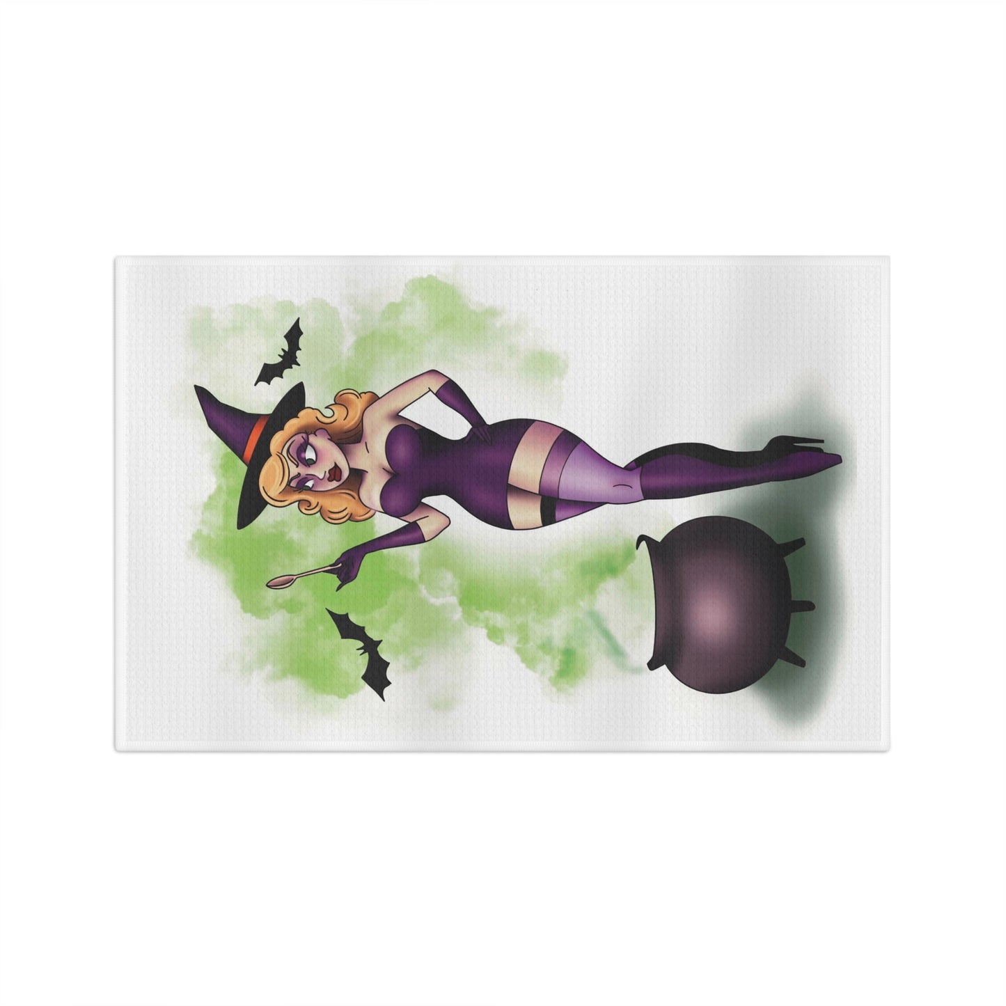 Pin-Up Witch Tea Towel — Vintage Halloween Kitchen Towel with Cauldron & Bats