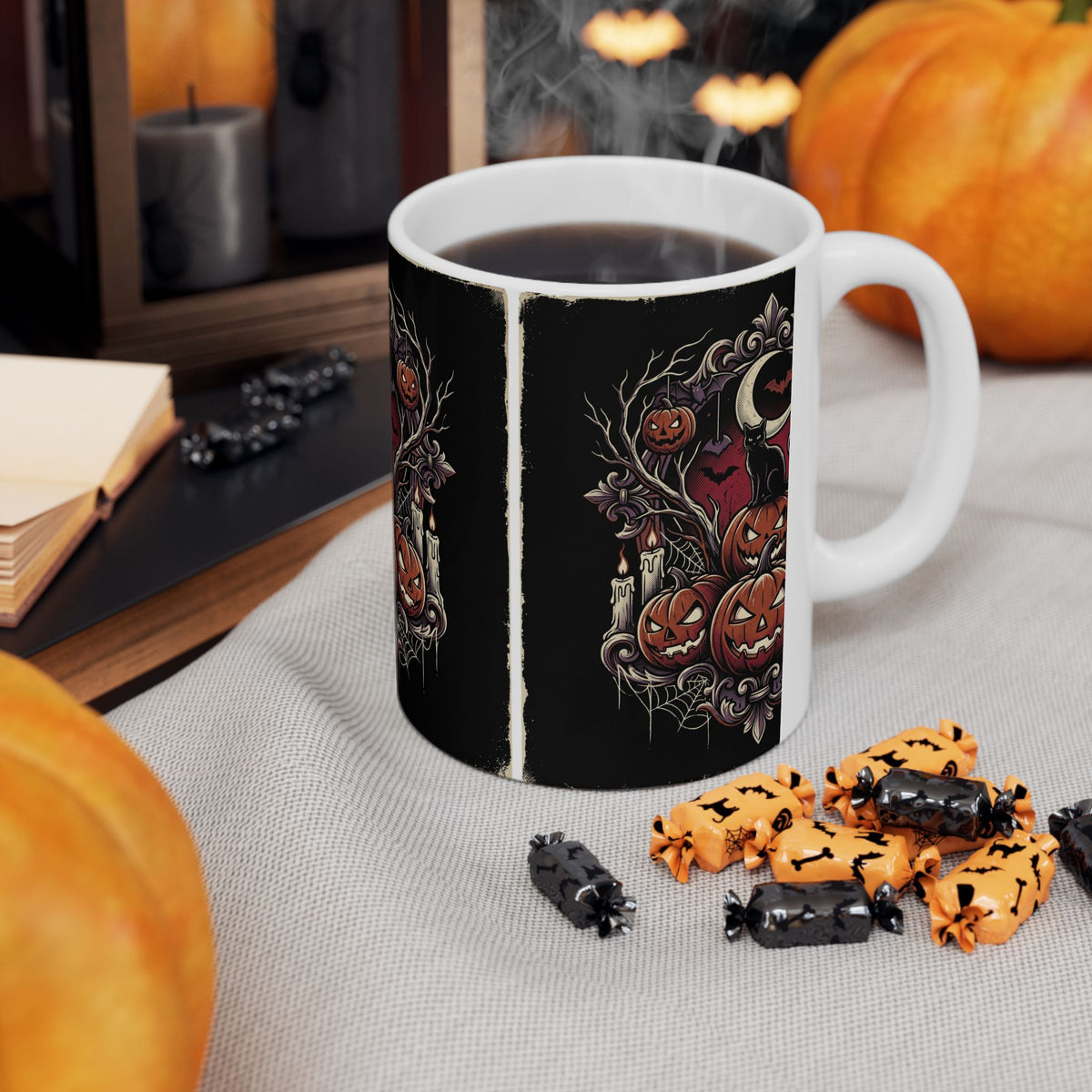 Jack-o'-Lanterns Halloween Pumpkin Mug Spooky Cat and Bats Ceramic Coffee Cup