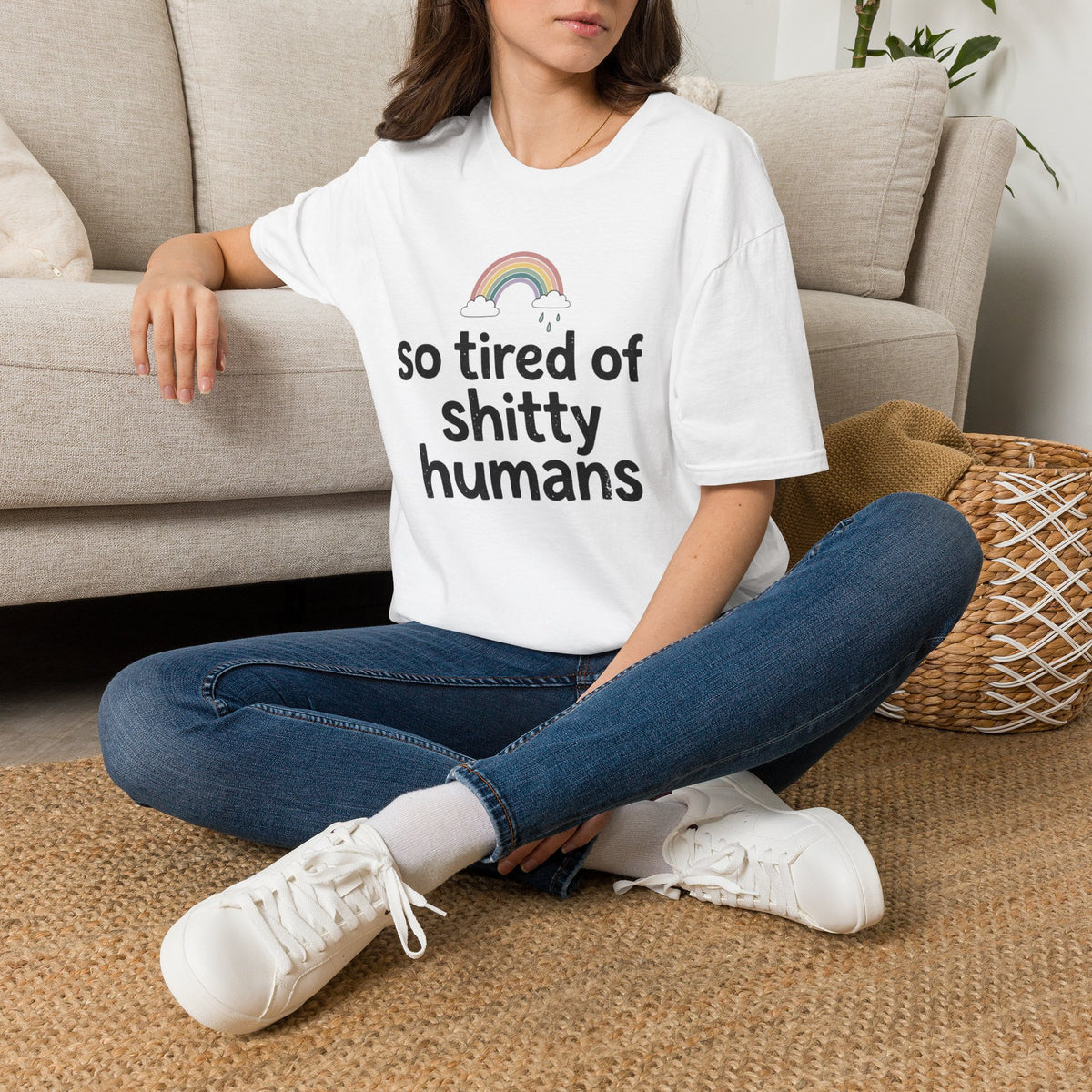 So Tired of Shitty Humans T-Shirt Funny Sarcastic Rainbow Graphic Tee Clothing