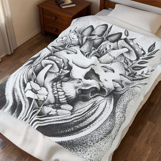 Original Art Cottagecore Skull & Mushrooms Velveteen Plush Blanket Home Decor Throw