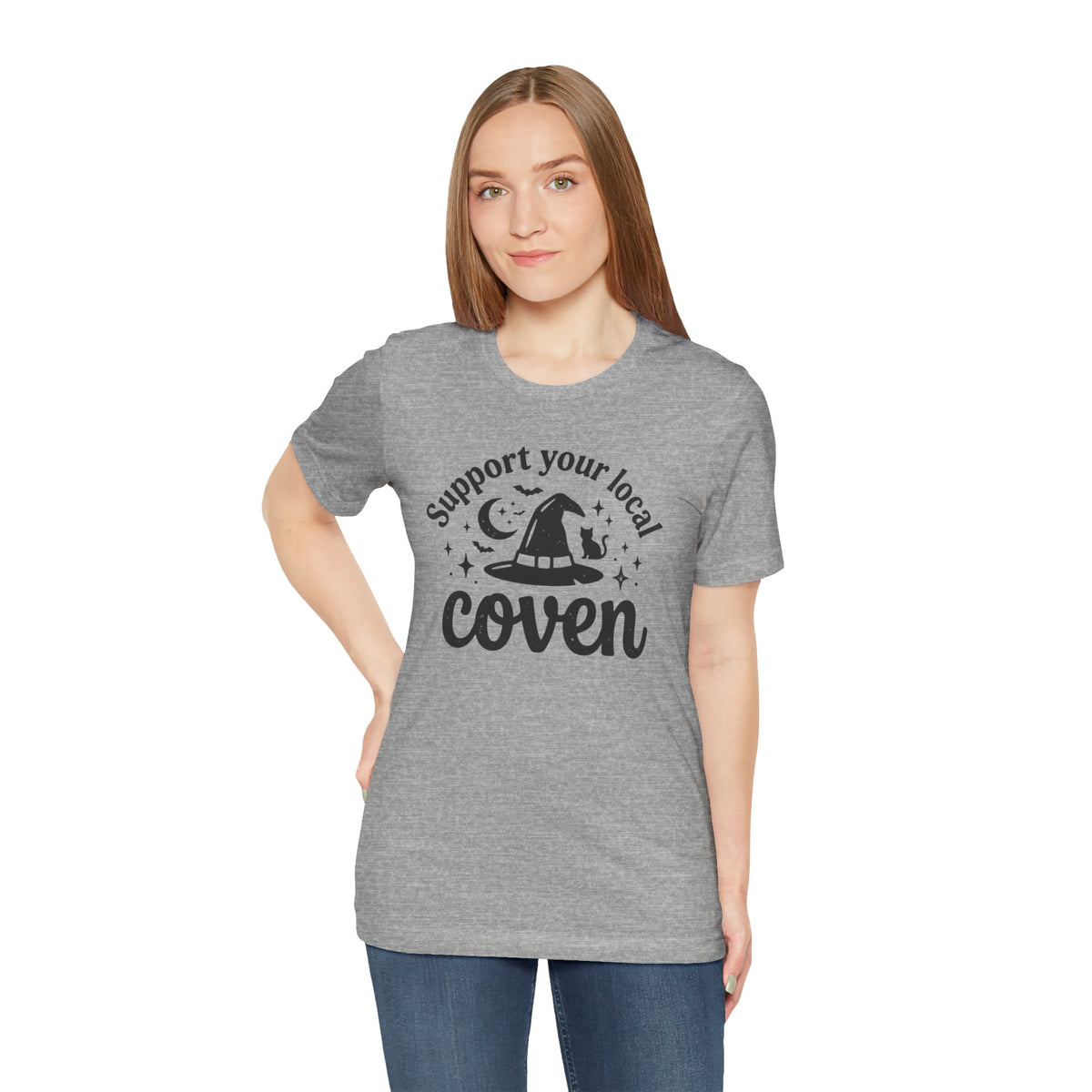 Support Your Local Coven T-Shirt Witch Hat Moon Stars Tee Halloween Spooky