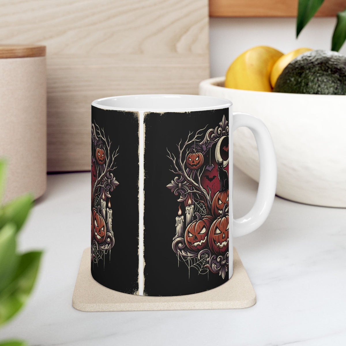 Jack-o'-Lanterns Halloween Pumpkin Mug Spooky Cat and Bats Ceramic Coffee Cup