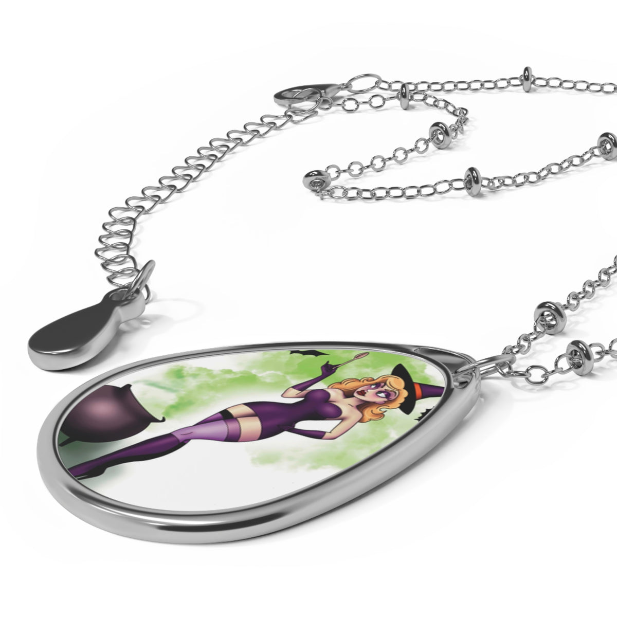 Witch Pinup Oval Necklace — Original Art Halloween Spooky Jewelry