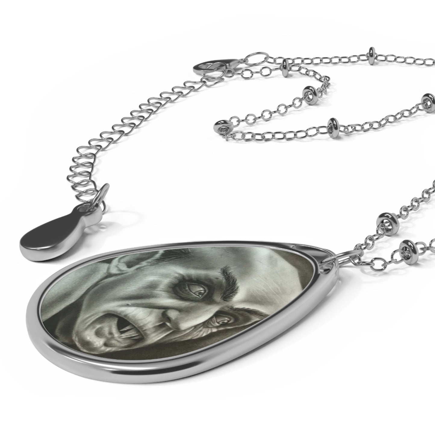 Nosferatu Vampire Portrait Oval Necklace – Gothic Silver Teardrop Pendant Horror