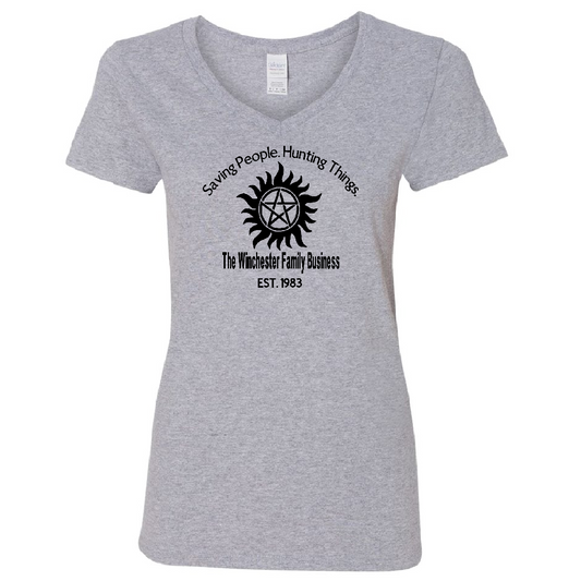 Supernatural Winchester Bros Womens V Neck Shirt Tee Horror Halloween Metaphysical