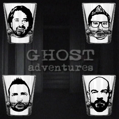 4 Set Ghost Adventures Shot Glasses Barware Horror Halloween Metaphysical
