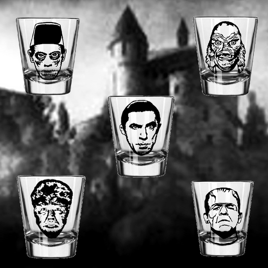 5 Set Universal Monsters Shot Glasses Barware Horror Halloween Metaphysical