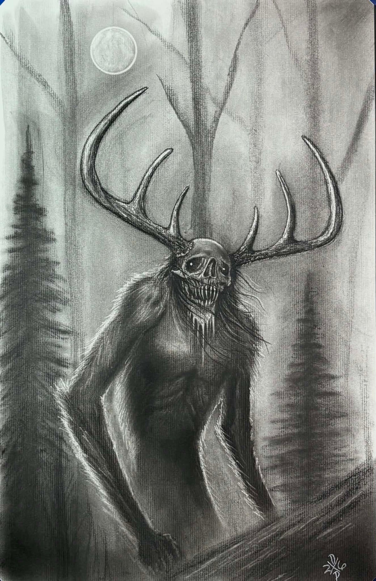 Wendigo Version 2 Cryptid Charcoal Art Print Wall Hanging Home Decor