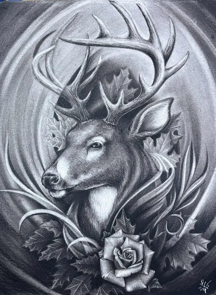 Deer Roses Animal Charcoal Art Print Wall Hanging Home Decor Wildlife