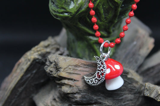 Red Mushroom Moon Keychain Charm Zipper Pull Crystal Witch Witchy Jewelry Witchcraft Wicca Wiccan Pagan Metaphysical