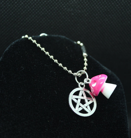 Pink Mushroom Pentacle Necklace Crystal Witch Witchy Jewelry Witchcraft Wicca Wiccan Pagan Metaphysical