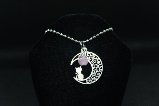 Pink Moon Cat Necklace Crystal Witch Witchy Jewelry Witchcraft Wicca Wiccan Pagan Metaphysical