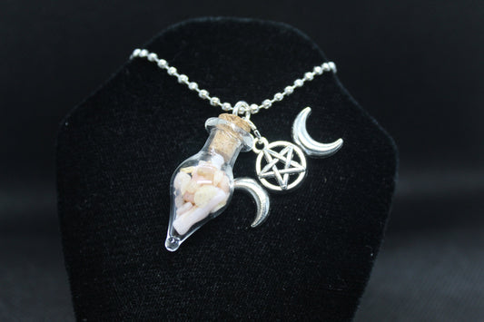 Pink Opal Glass Teardrop Triple Moon Necklace Crystal Witch Witchy Jewelry Witchcraft Wicca Wiccan Pagan Metaphysical