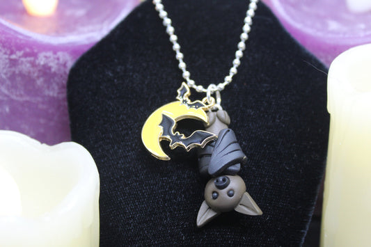 Clay Bat and Moon Necklace Crystal Witch Witchy Jewelry Witchcraft Wicca Wiccan Pagan Metaphysical