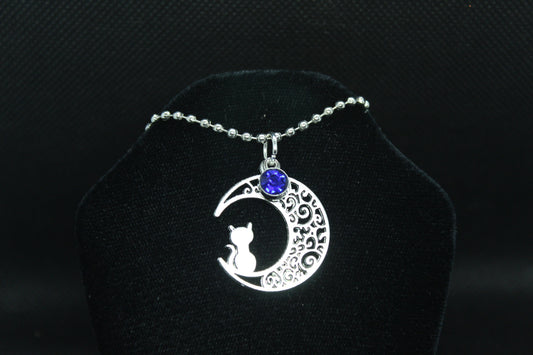 Blue Moon Cat Necklace Crystal Witch Witchy Jewelry Witchcraft Wicca Wiccan Pagan Metaphysical