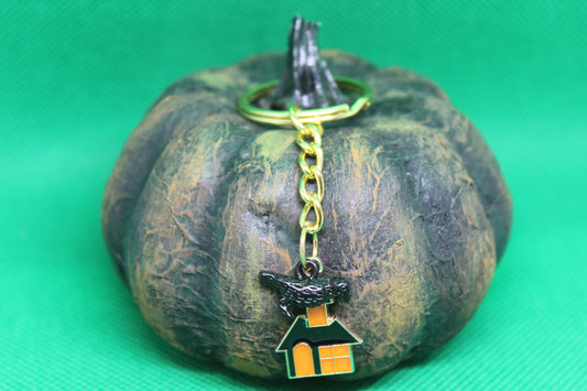 Gold Haunted House Crow Keychain Charm Zipper Pull Crystal Witch Witchy Jewelry Witchcraft Wicca Wiccan Pagan