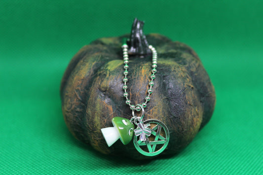 Green Mushroom Clover Pentacle Keychain Charm Zipper Pull Crystal Witch Witchy Jewelry Witchcraft Metaphysical