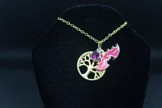 Pink Bat Tree of Life Necklace Crystal Witch Witchy Jewelry Witchcraft Wicca Wiccan Pagan Metaphysical